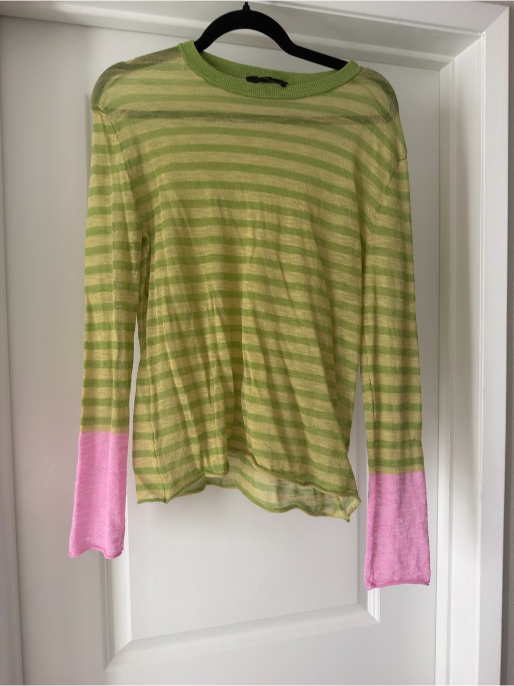 Zara Lime Green Striped Long-Sleeve Top with Pink Cuffs